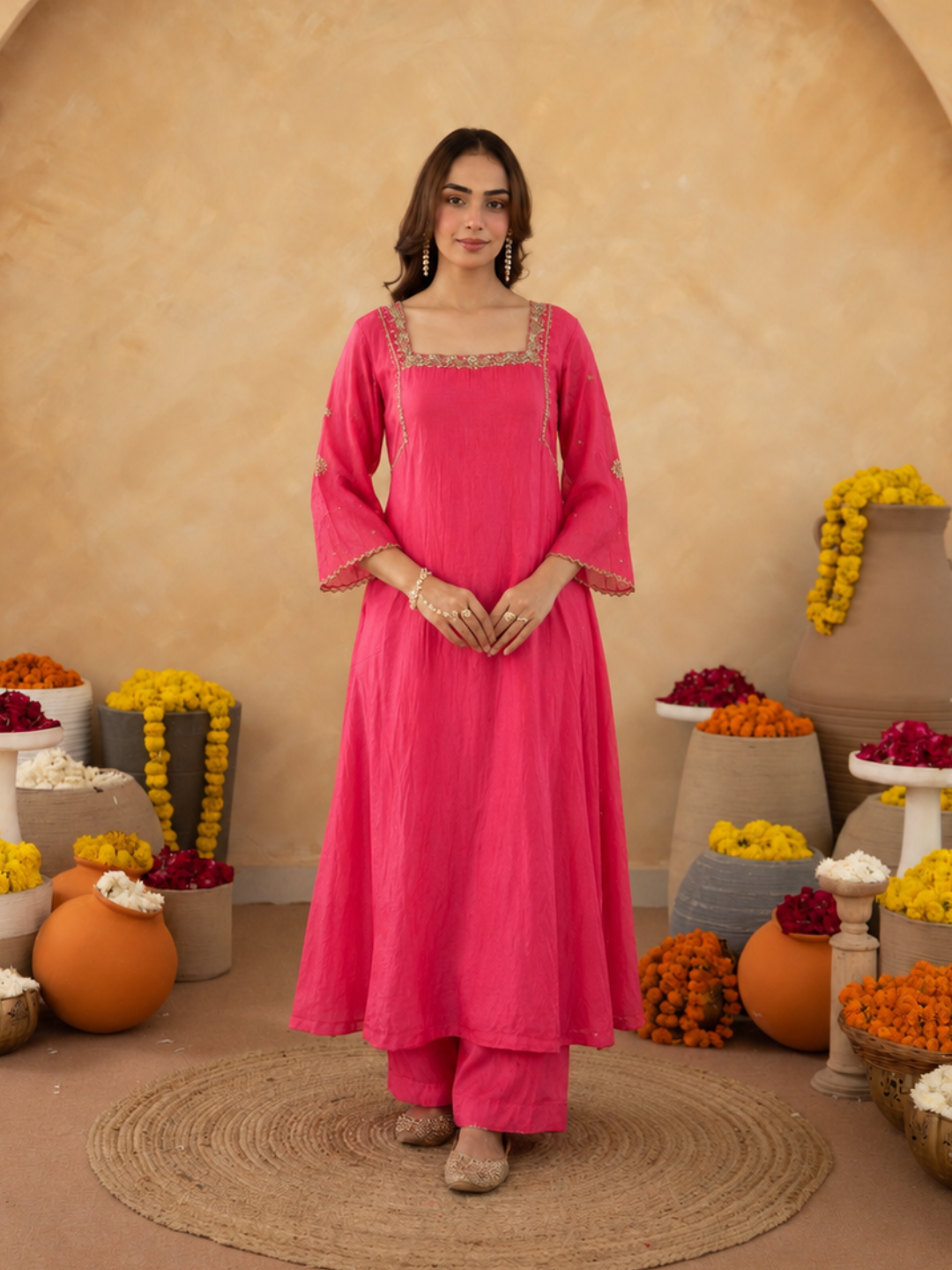 Salmon Pink Aari Handwork Chanderi A-Line Kurta set