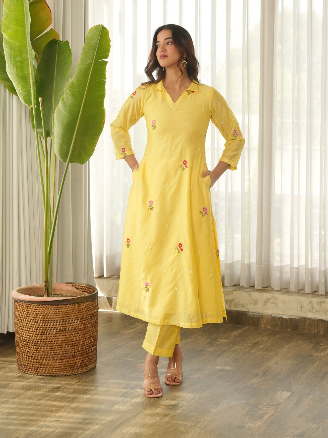 Lemon Yellow Embroidered Chanderi Kurta Set with Pants