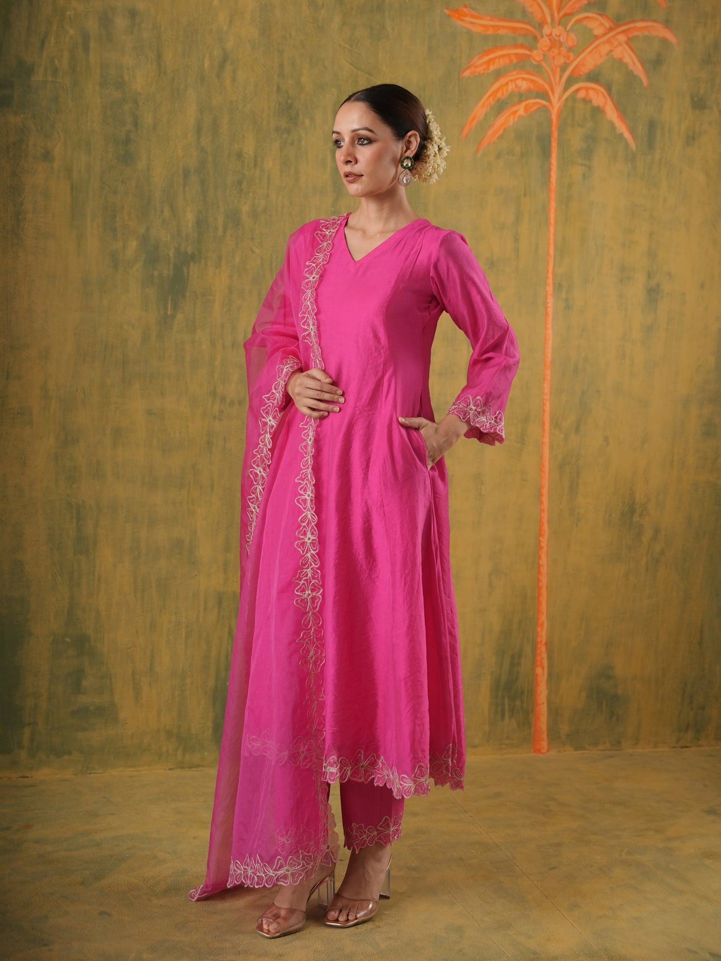 Roohani Pink Chanderi Floral Cutwork Suit Set