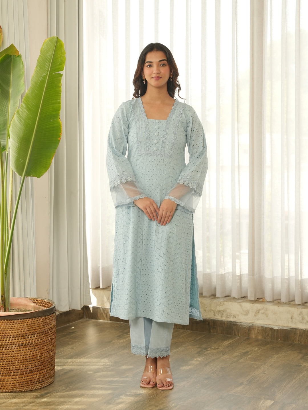 Powder Blue Schiffli Cotton Kurta Set with Pants & Organza Dupatta