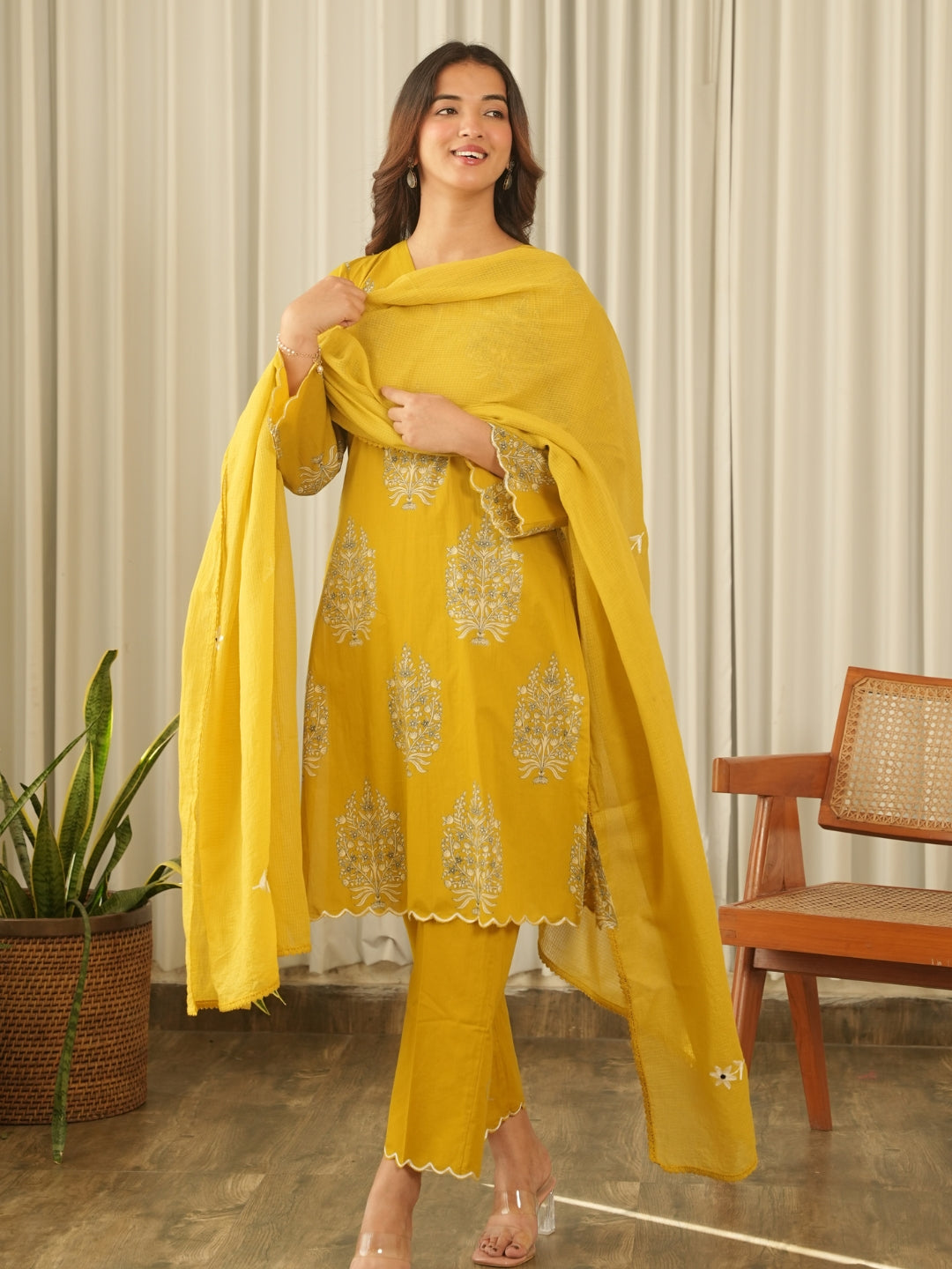 Mustard Bloom Screen Print Cotton Suit Set