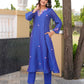 Blue Floral Handwork Chanderi A-Line Kurta Set
