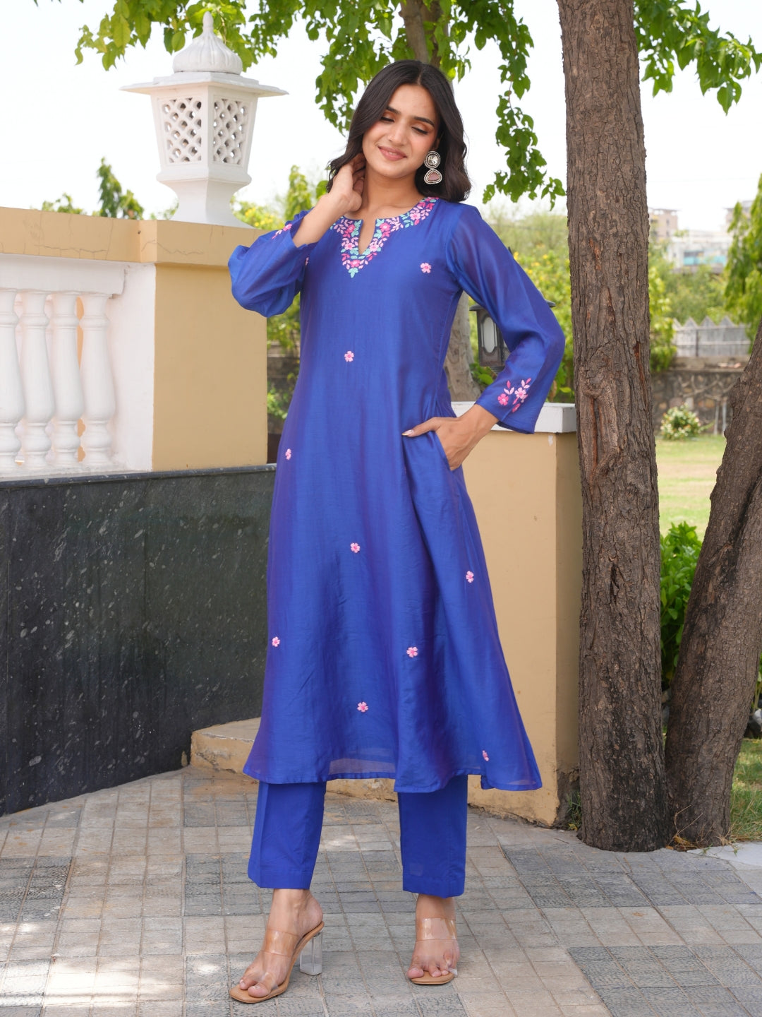 Blue Floral Handwork Chanderi A-Line Kurta Set