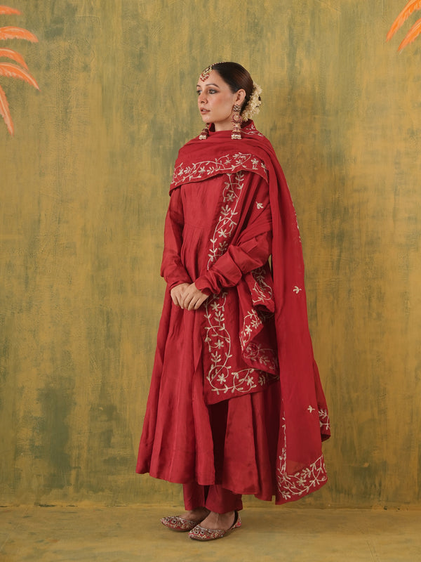 Rani Gulnar Maroon Embroidered Silk Anarkali Set