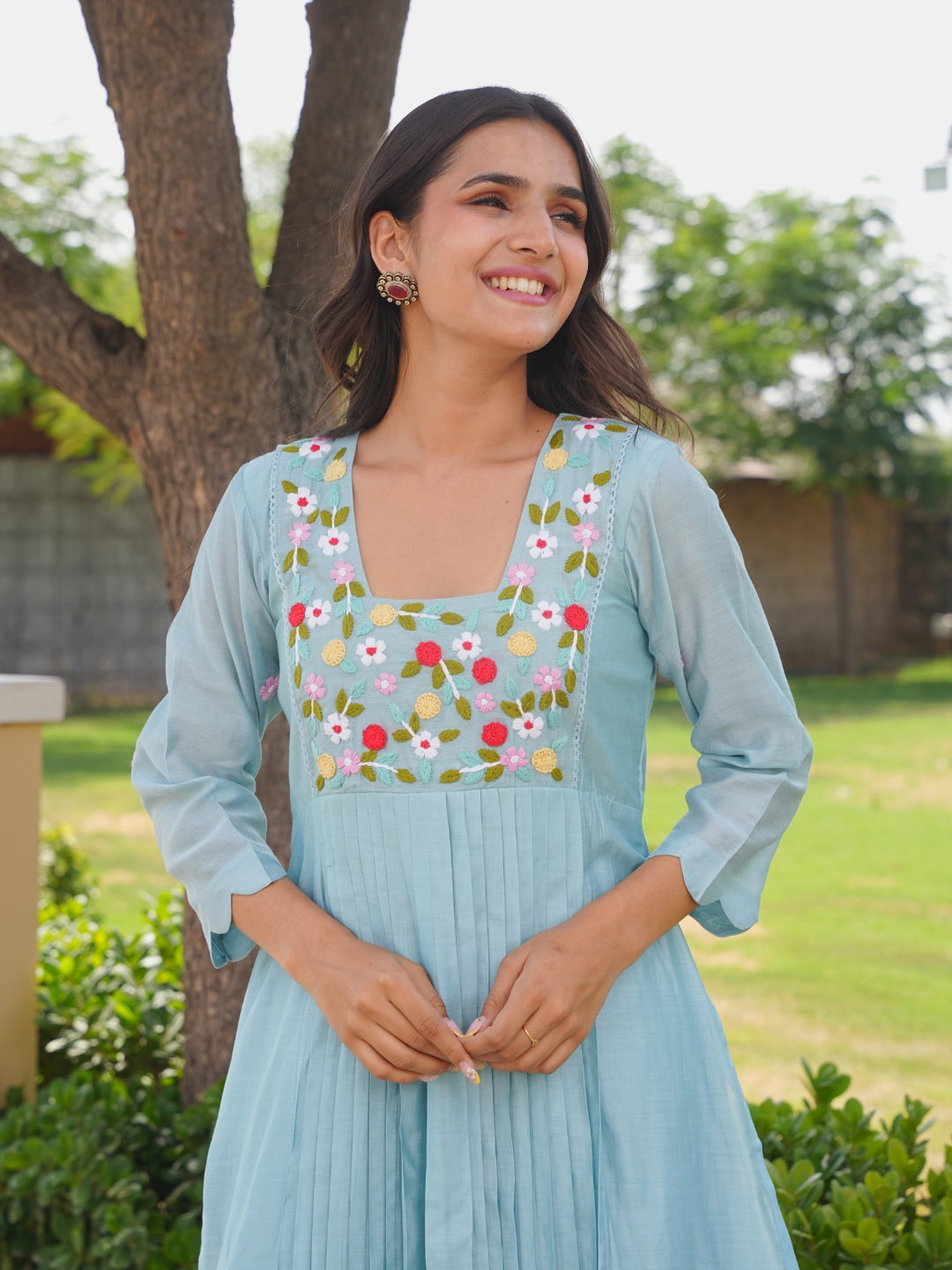 Powder Blue Floral Handwork Chanderi Kurta Set