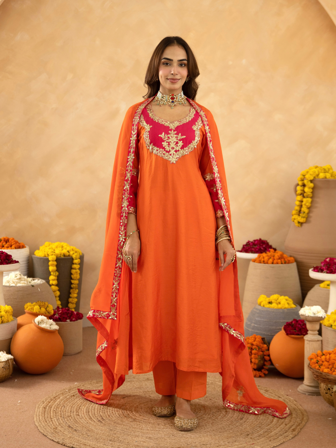 Orange Chanderi A-Line Kurta Set with Handwork Detailing &  Organza Dupatta