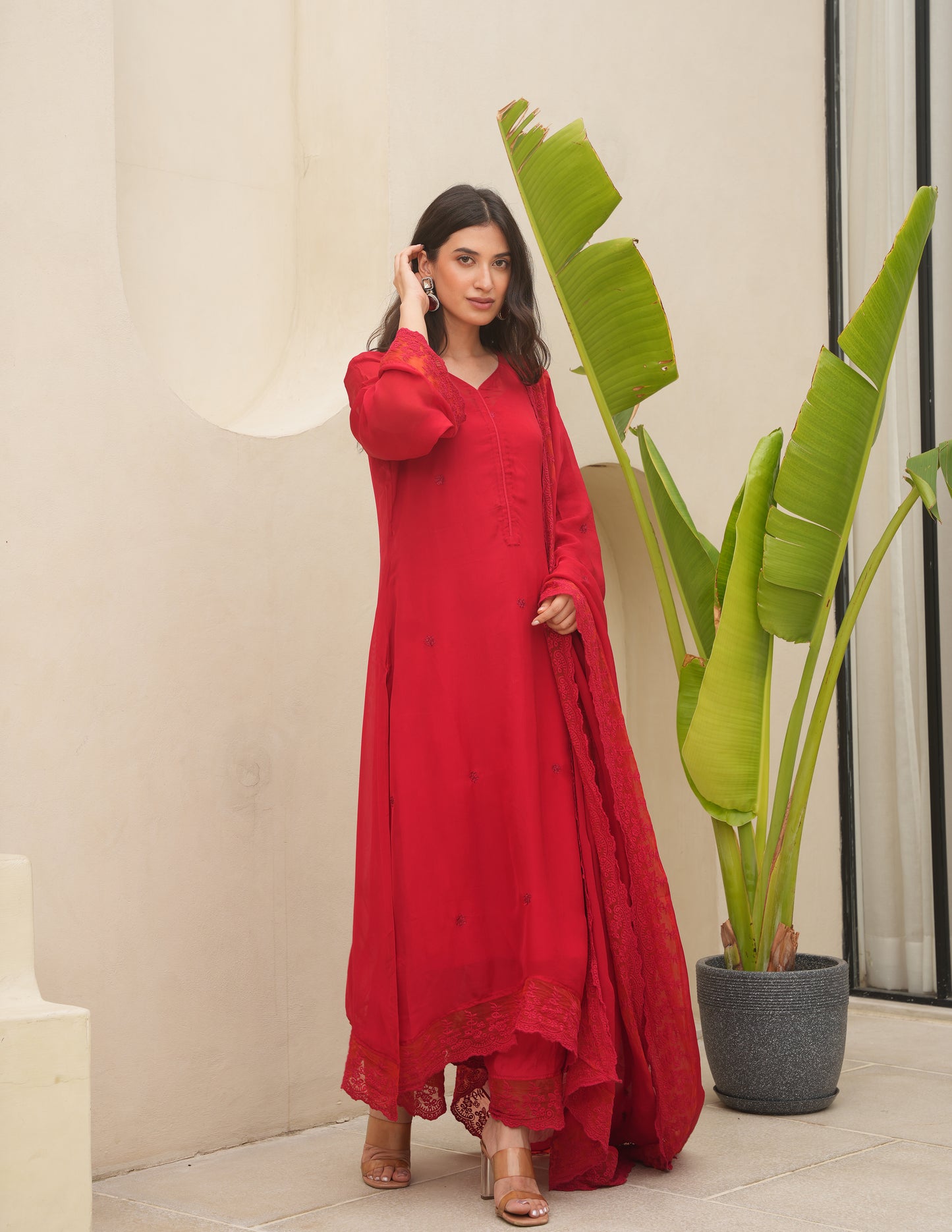 Red Organza Silk Aari Embroidered Suit Set