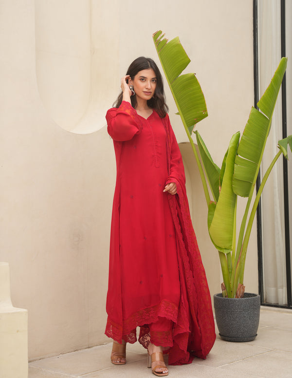 Red Organza Silk Aari Embroidered Suit Set