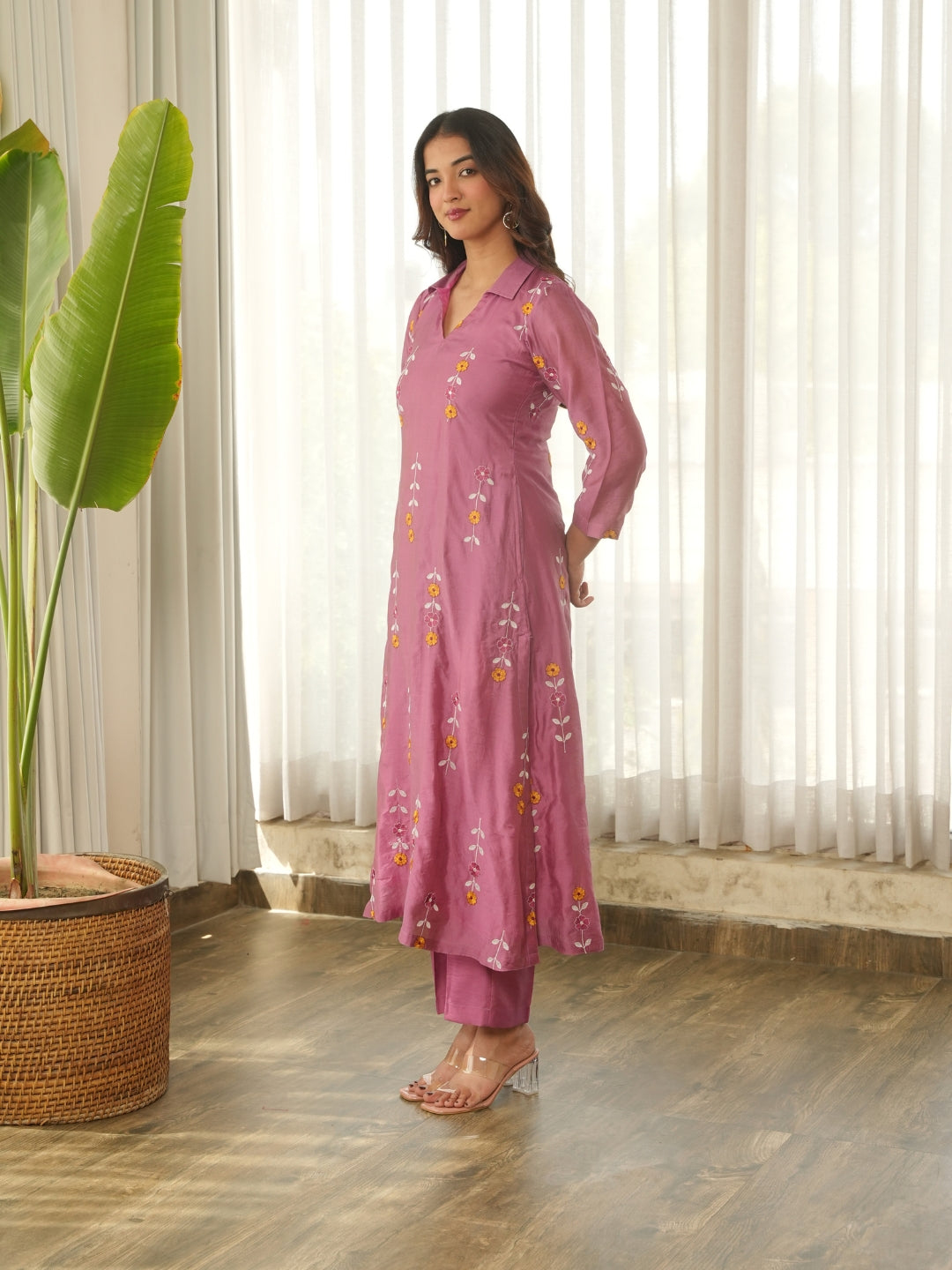 Mauve Pink Embroidered Chanderi Kurta Set with Pants