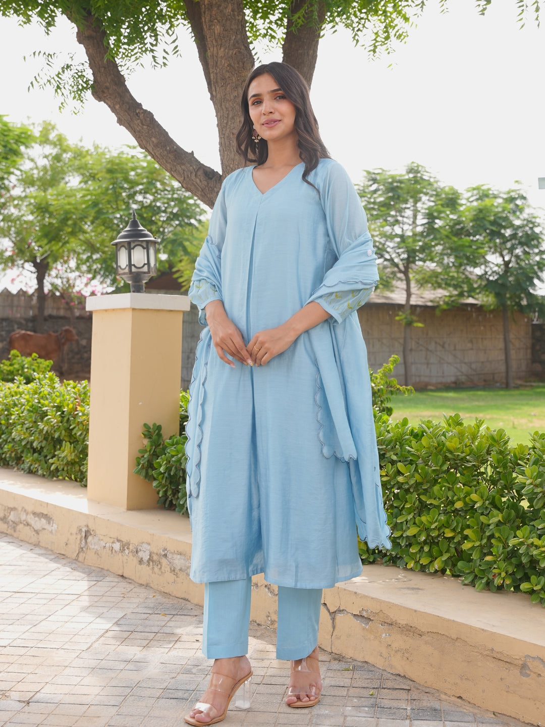 Bluebell Floral Aari Work Chanderi Kurta Set