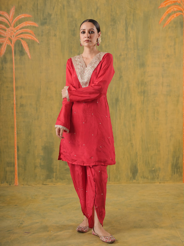 Noorani Red Embroidered Silk Dhoti Set