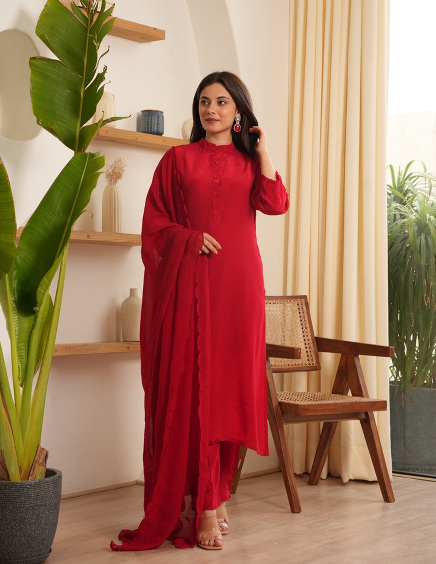 Marley Red Silk Straight Suit Set