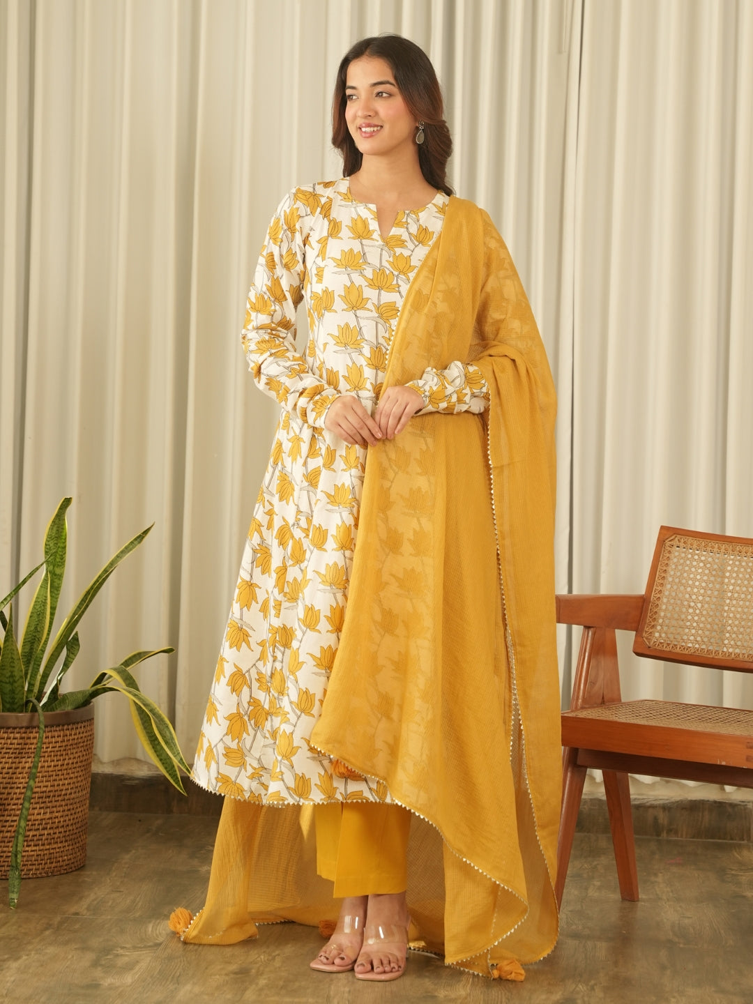 Sunlit Mustard Cotton Print Suit Set