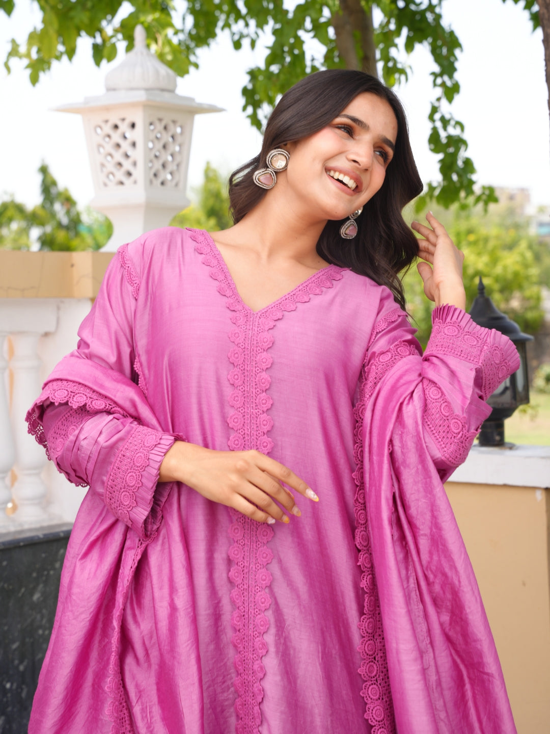 Purple Chanderi Lace Work Kurta Set