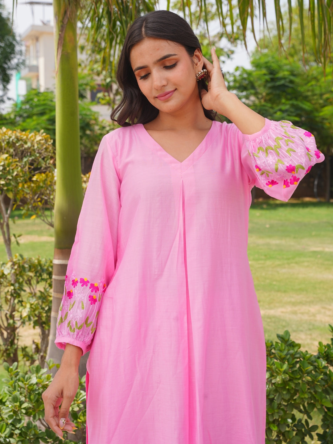Pink Petal Floral Aari Work Chanderi Kurta Set