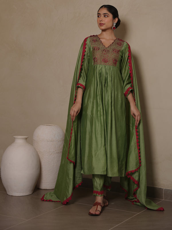 GAZANIA GREEN CHANDERI AARIWORK SUIT SET