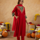 Red Zari Embroidered A-Line kurta with Dupatta