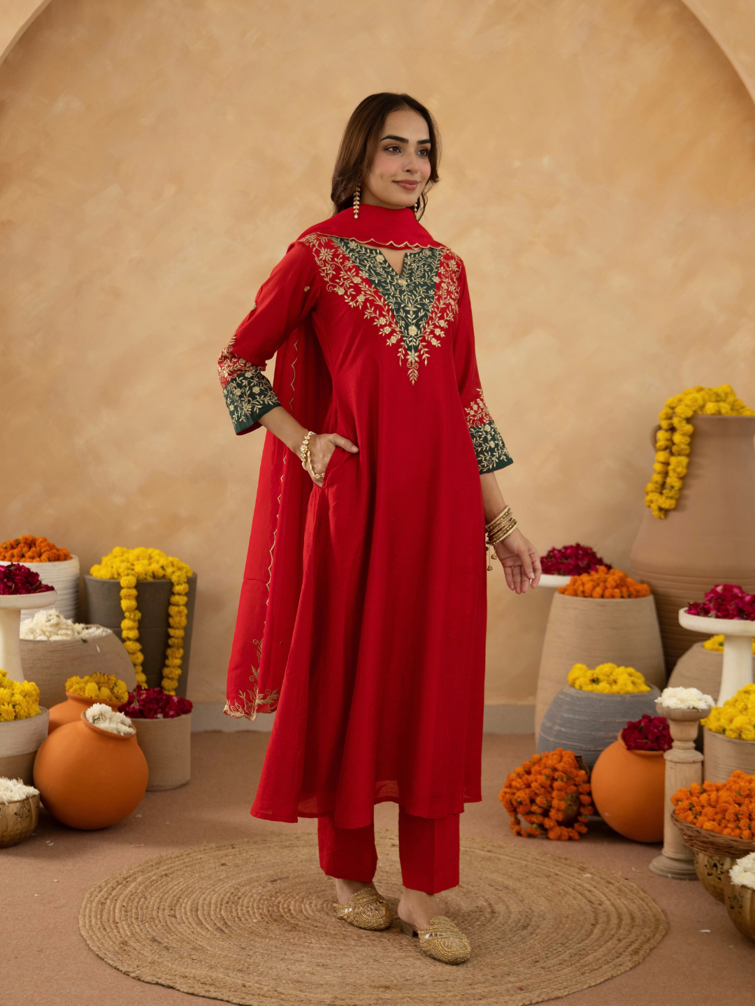 Red Zari Embroidered A-Line kurta with Dupatta