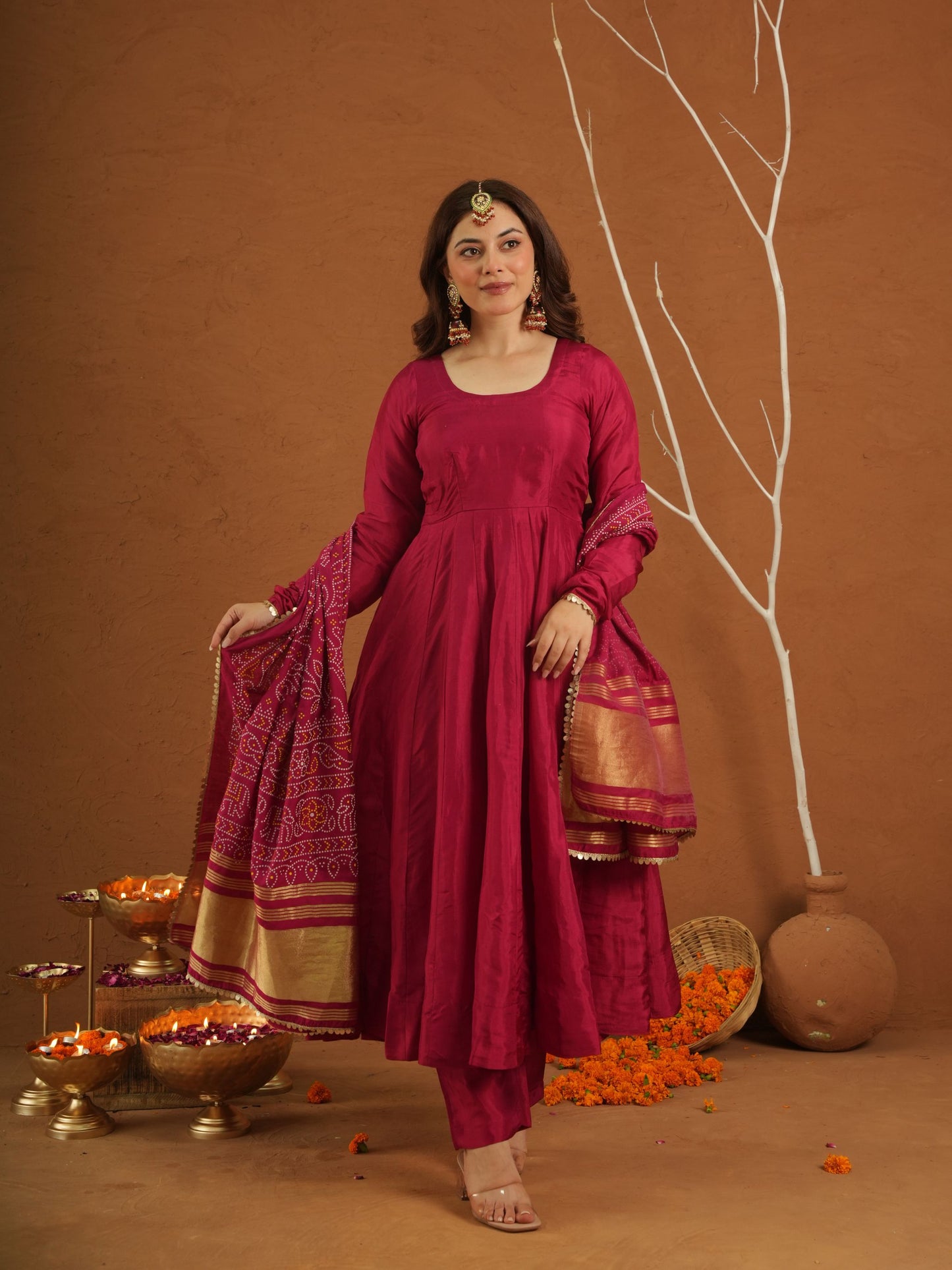 Hoor Pink Silk Anarkali Set With Bandhej Dupatta