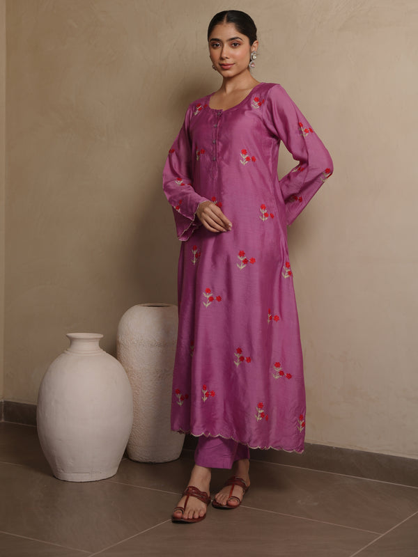 PETUNIA PLUM CHANDERI EMBROIDERY SUIT SET