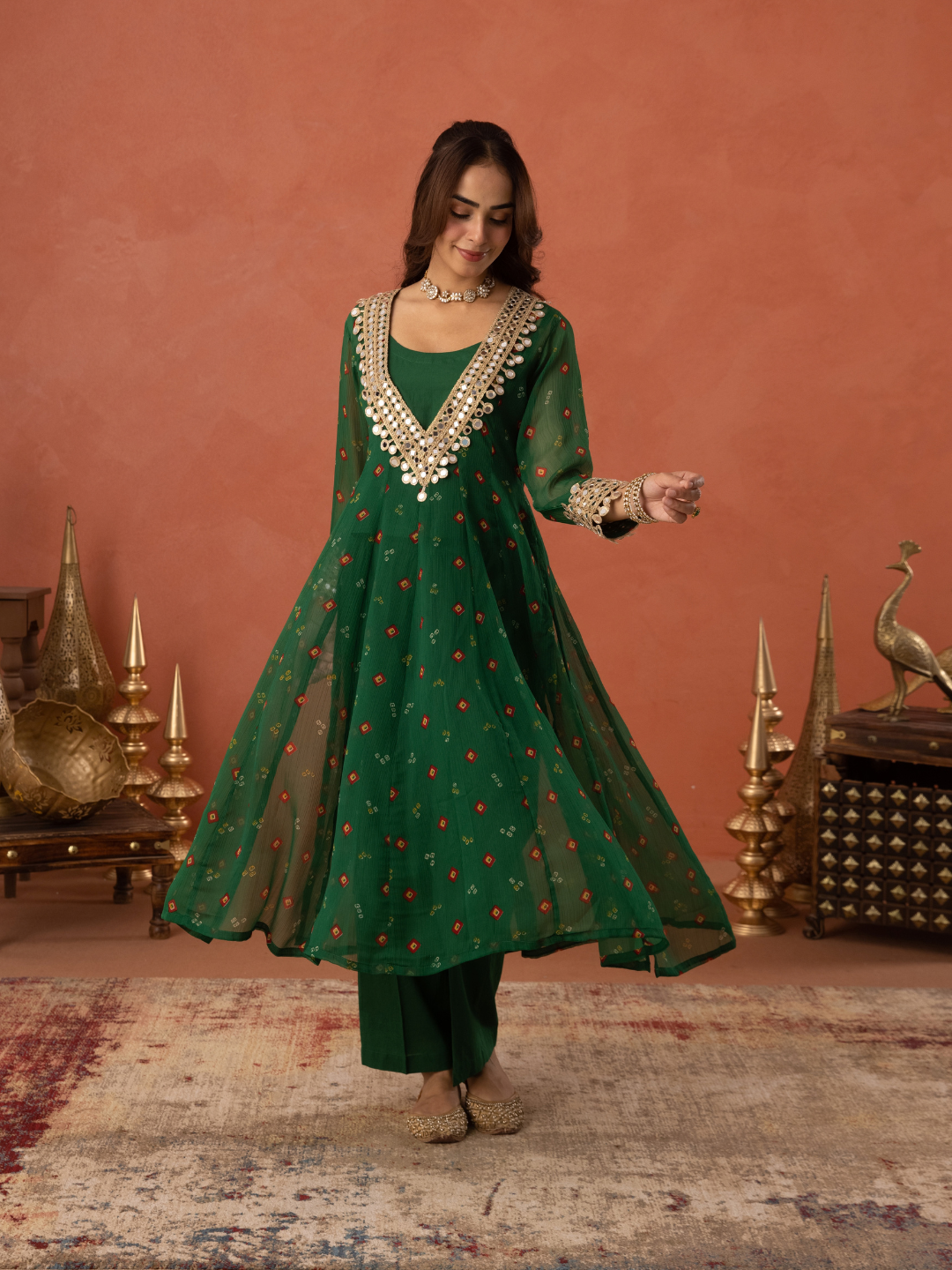 Green Chiffon Bandhej Mirrorwork Kurta Set