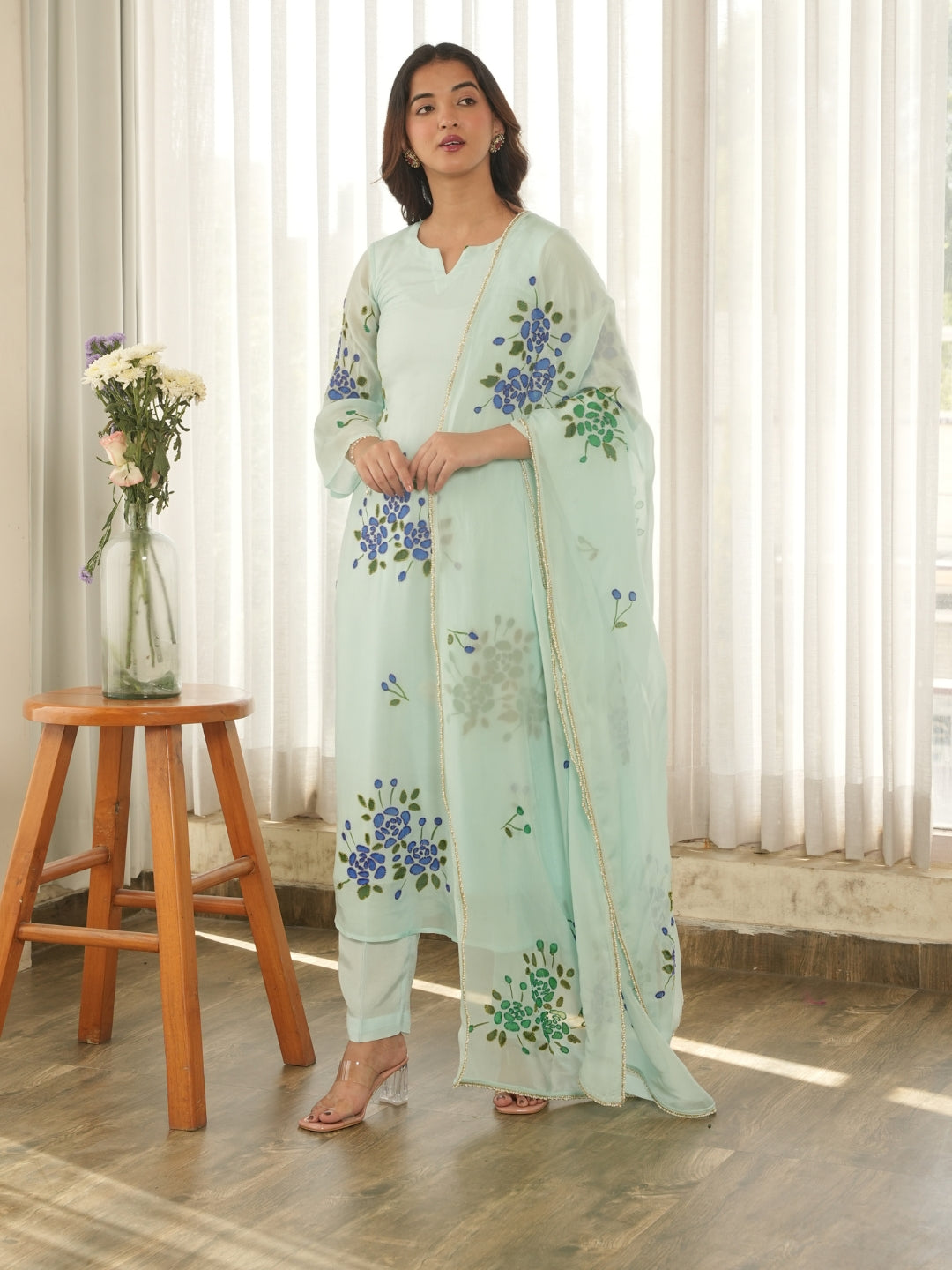 Mint Blossom Handpainted Organza Suit Set