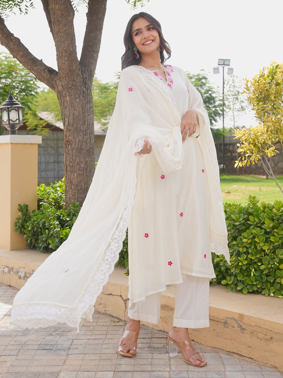 Off White Petal Handwork Chanderi A-Line Kurta Set
