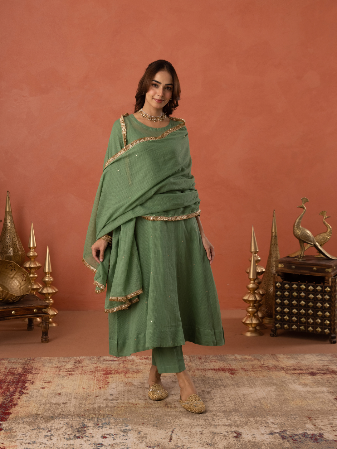 Green Doria Hand Embroidered A- Line Kurta  Set