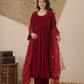 Meher Maroon Velvet Kurta With Pant & Dupatta