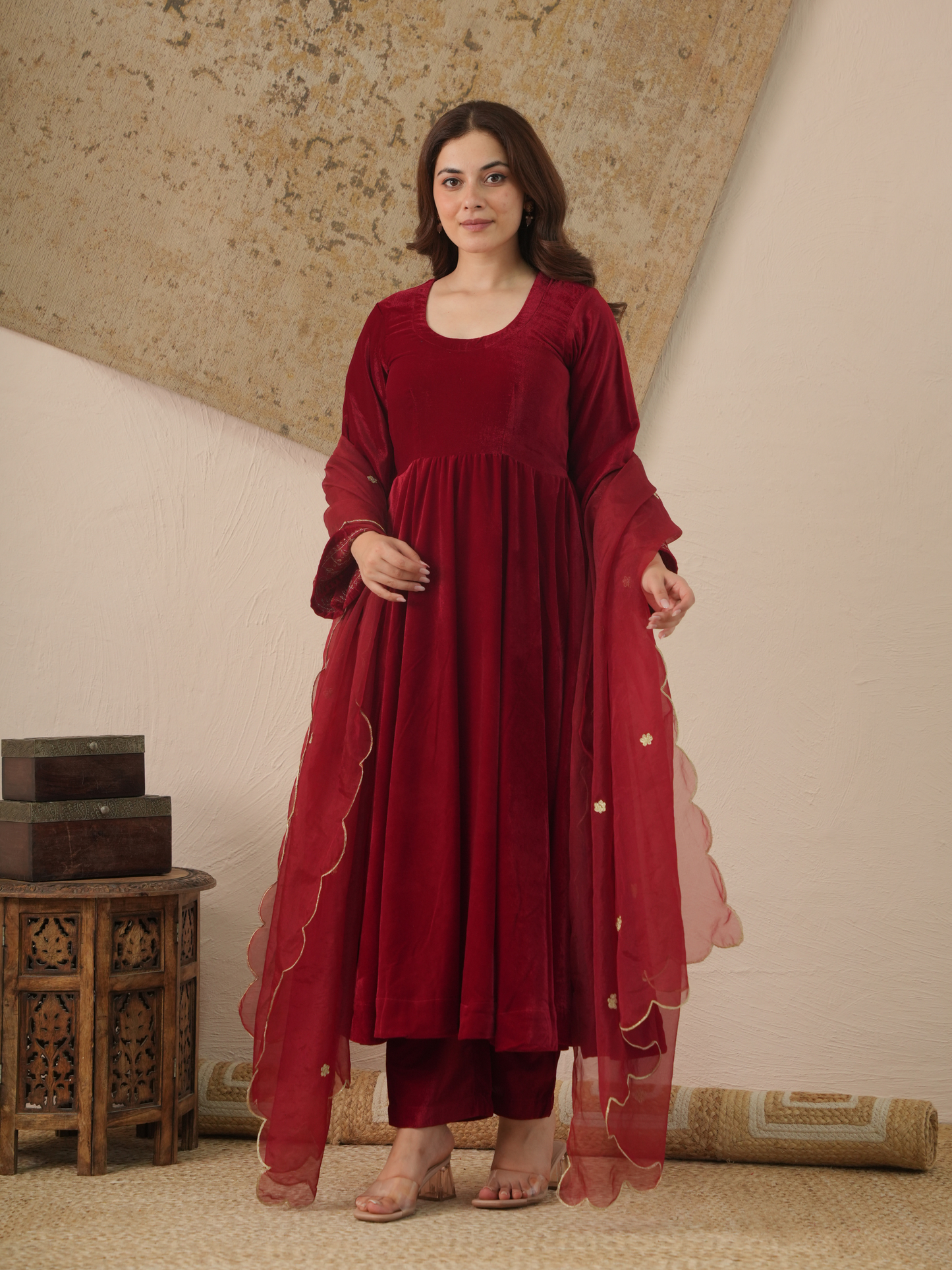 Meher Maroon Velvet Kurta With Pant & Dupatta