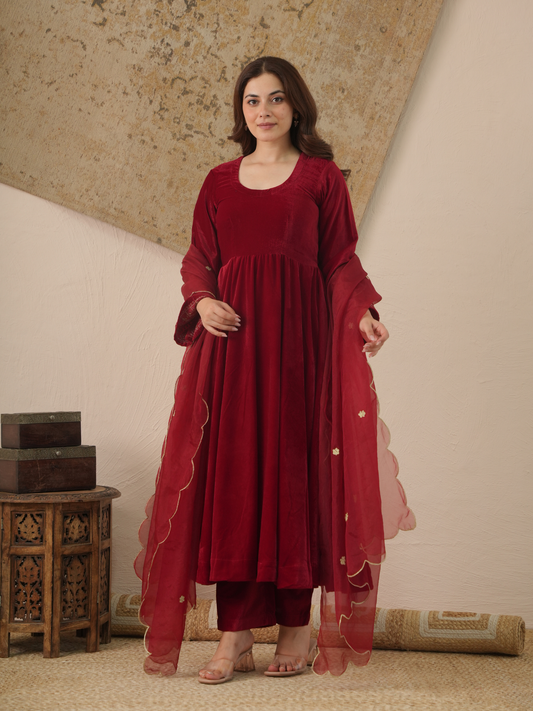 Meher Maroon Velvet Kurta With Pant & Dupatta