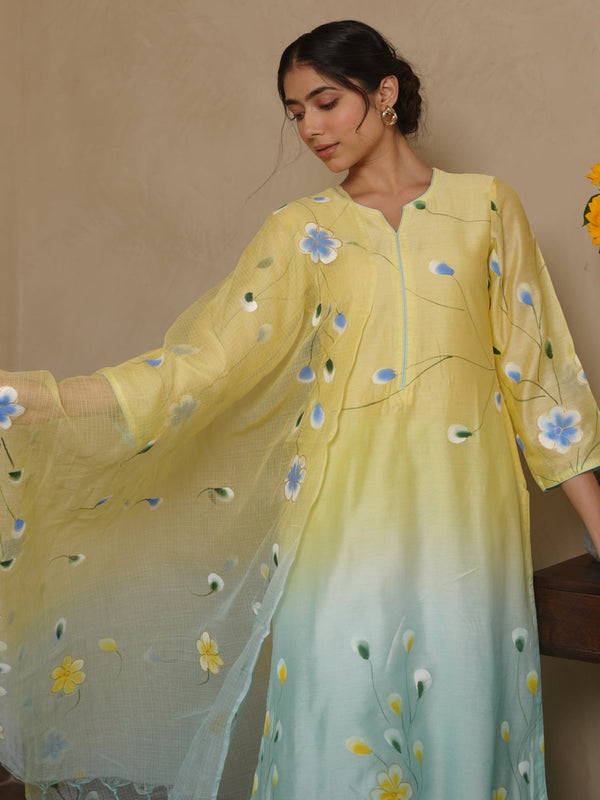 FLAMINGO YELLOW SHADED CHANDERI HAND PAINT SUIT SET