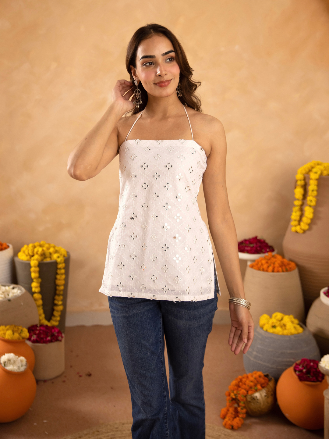 White Mirrorwork Chikan Short Kurti