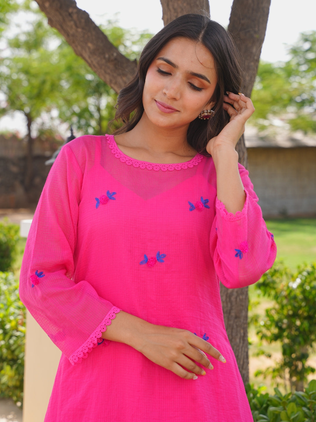 Pink Fuchsia Bloom Doria Aari Kurta Set