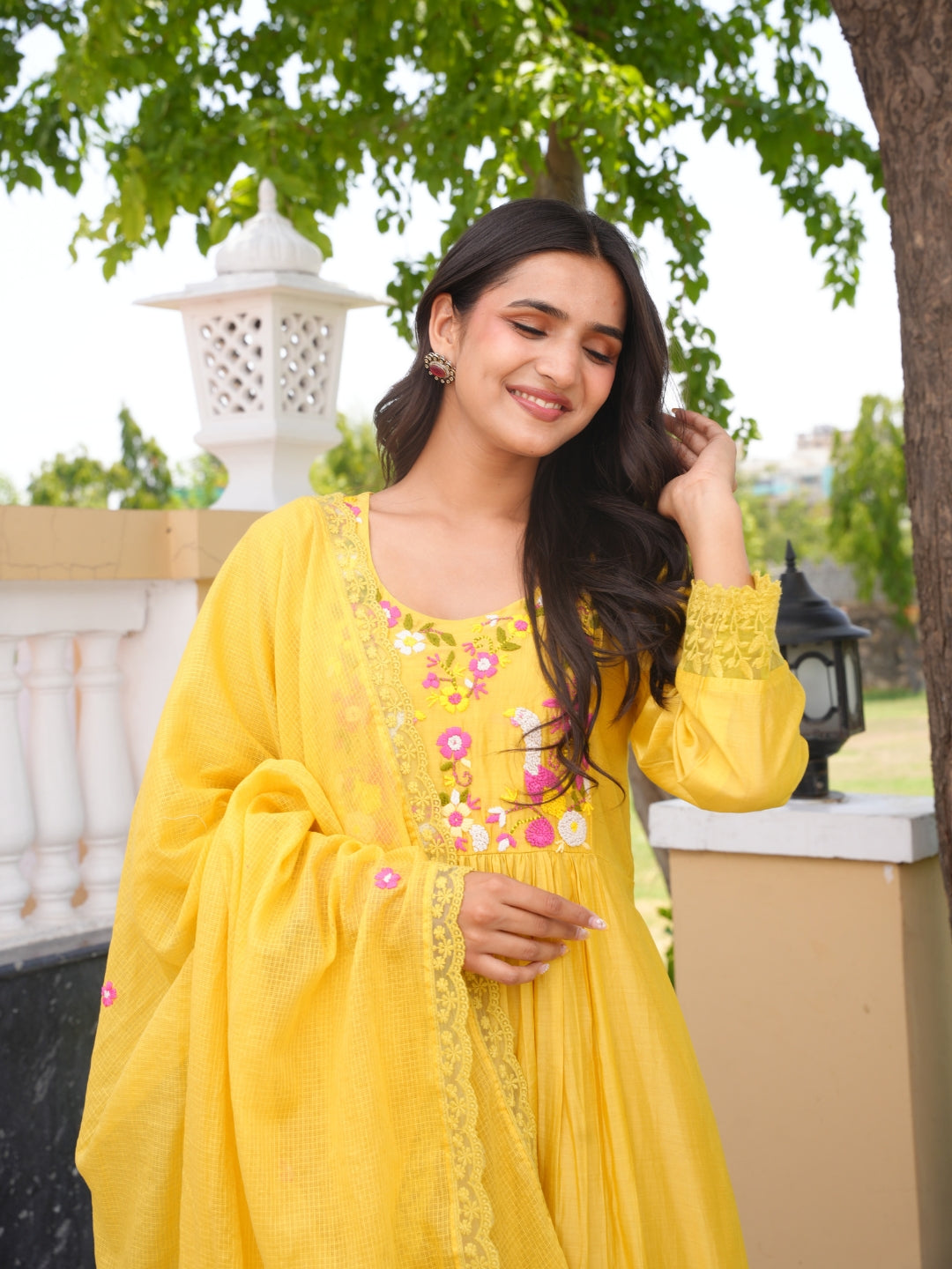 Mustard Floral Handwork Chanderi Kurta Set