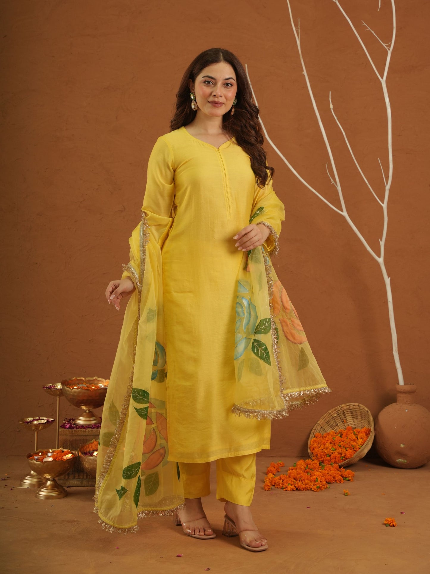 Surror Yellow Chanderi With Handpaint Dupatta