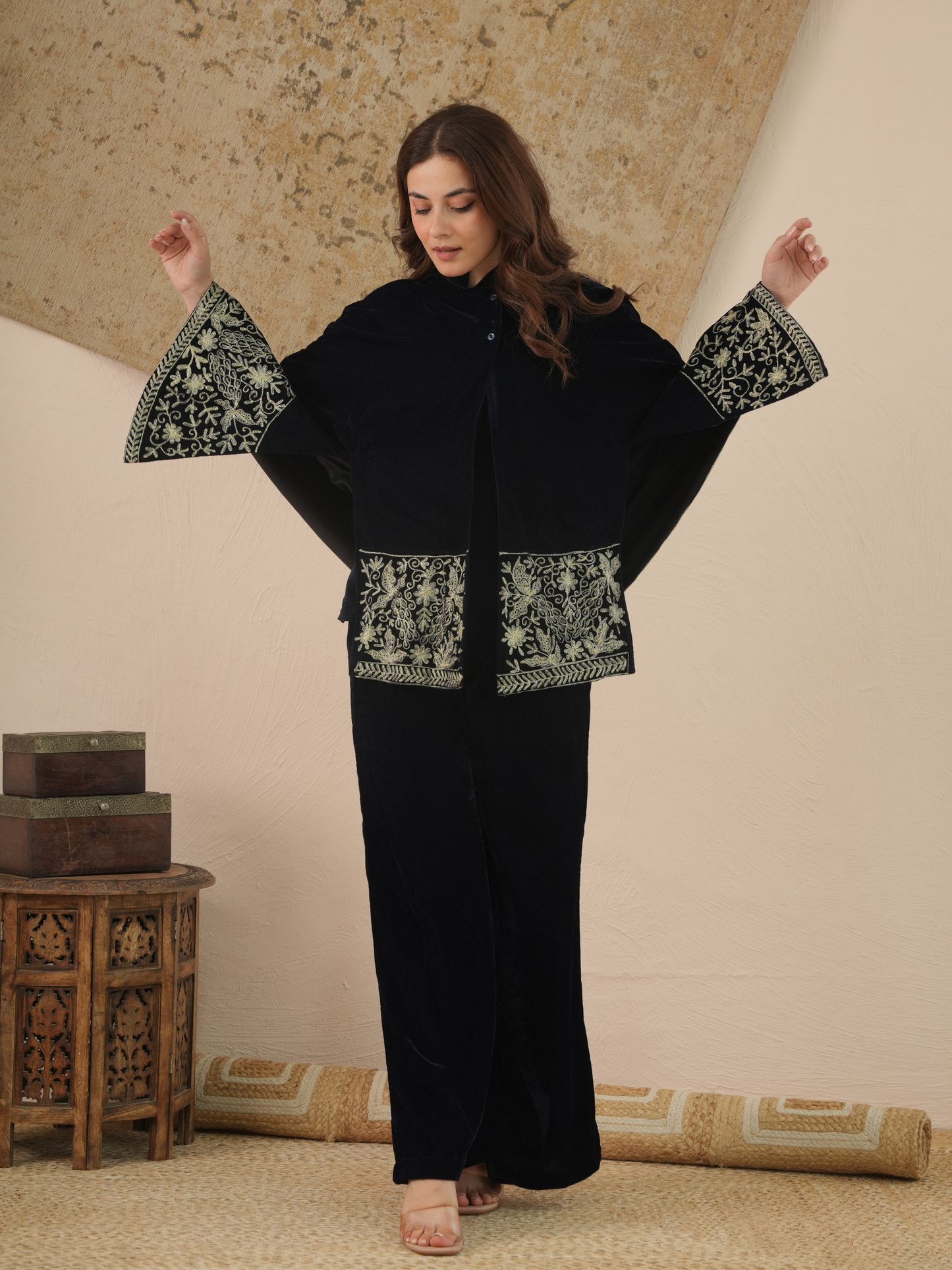 Hayat Midnight Blue Velvet Co-ord Set with Embroidered Cape