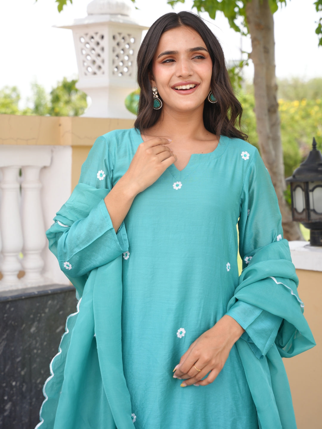 Teal Aqua Daisy Chanderi A-Line Kurta Set