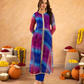 Blue Pink Chiffon Bandhej Mirrorwork Straight Kurta