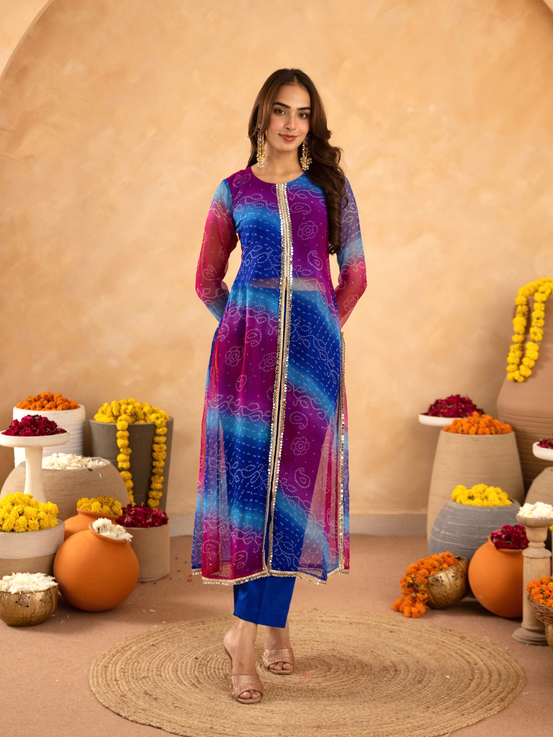 Blue Pink Chiffon Bandhej Mirrorwork Straight Kurta