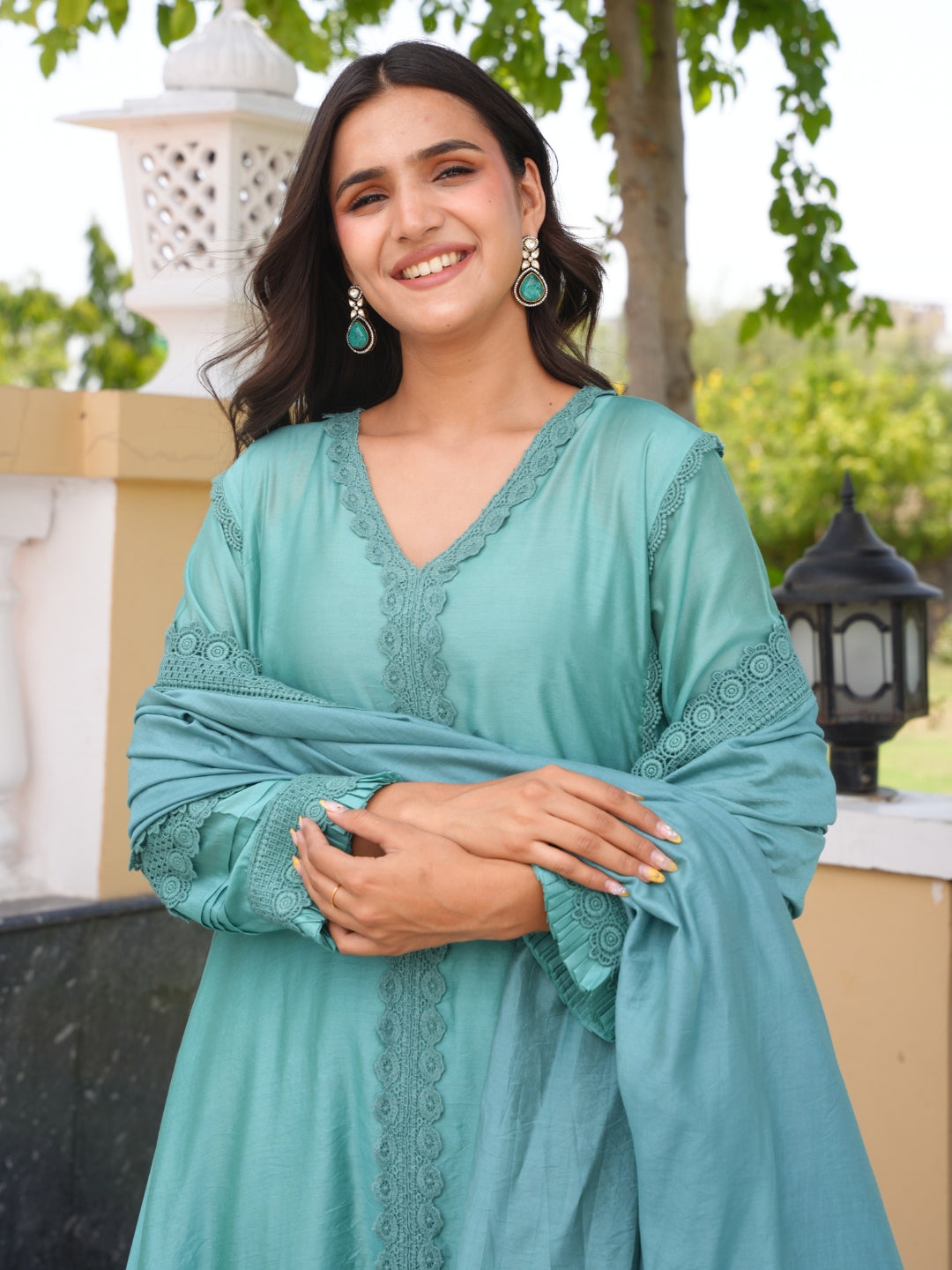 Sea Green Chanderi Lace Work Kurta Set