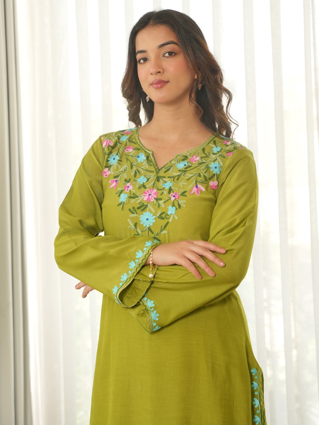 Olive Green Floral Embroidered Muslin Kurta Set with Pants