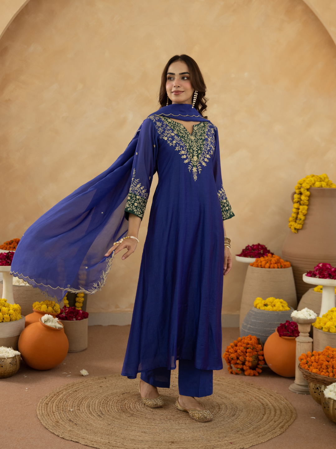 Royal Blue Zari Embroidered A-Line kurta with Dupatta