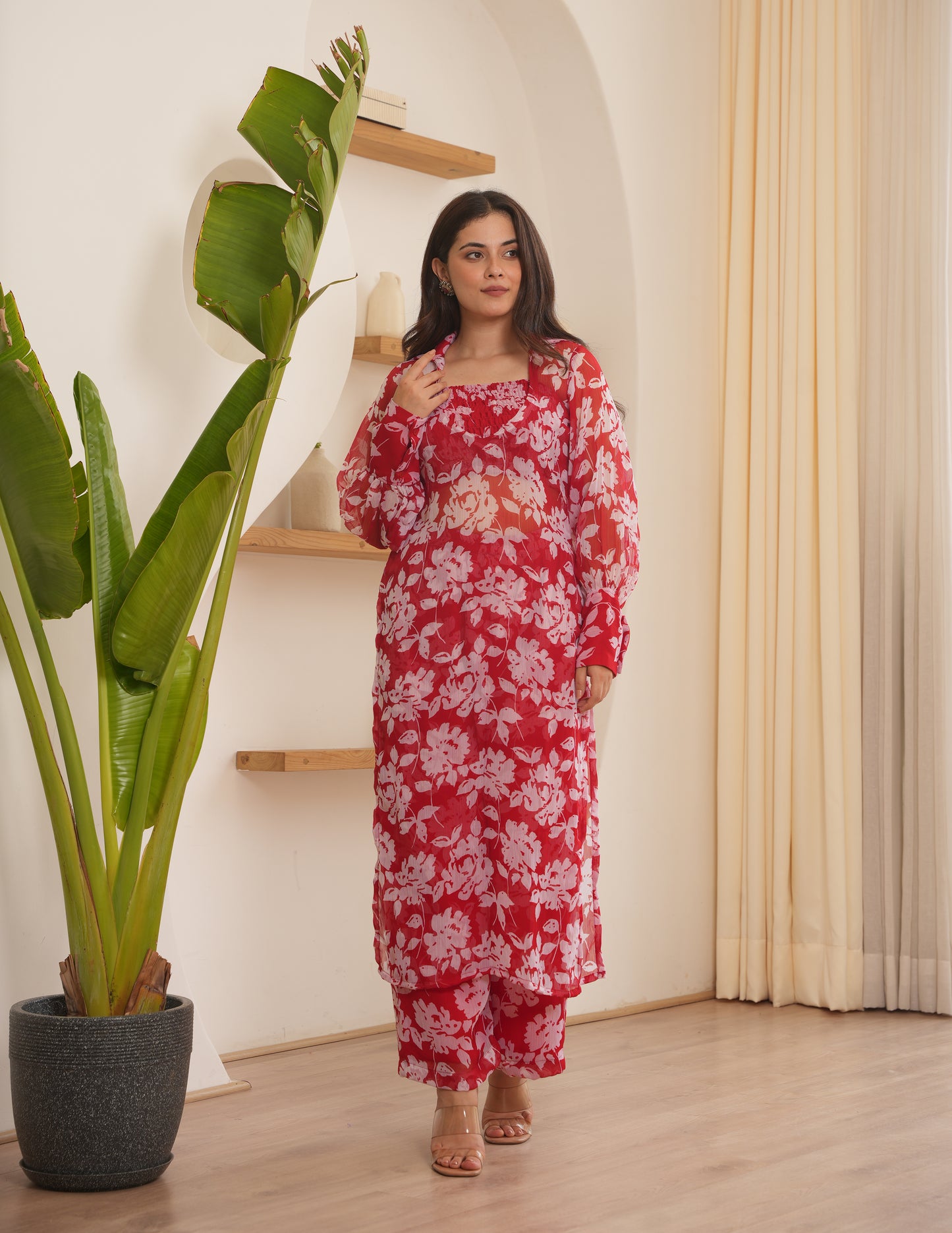 Cora Red Chiffon Kurta Set With Smocked Blouse
