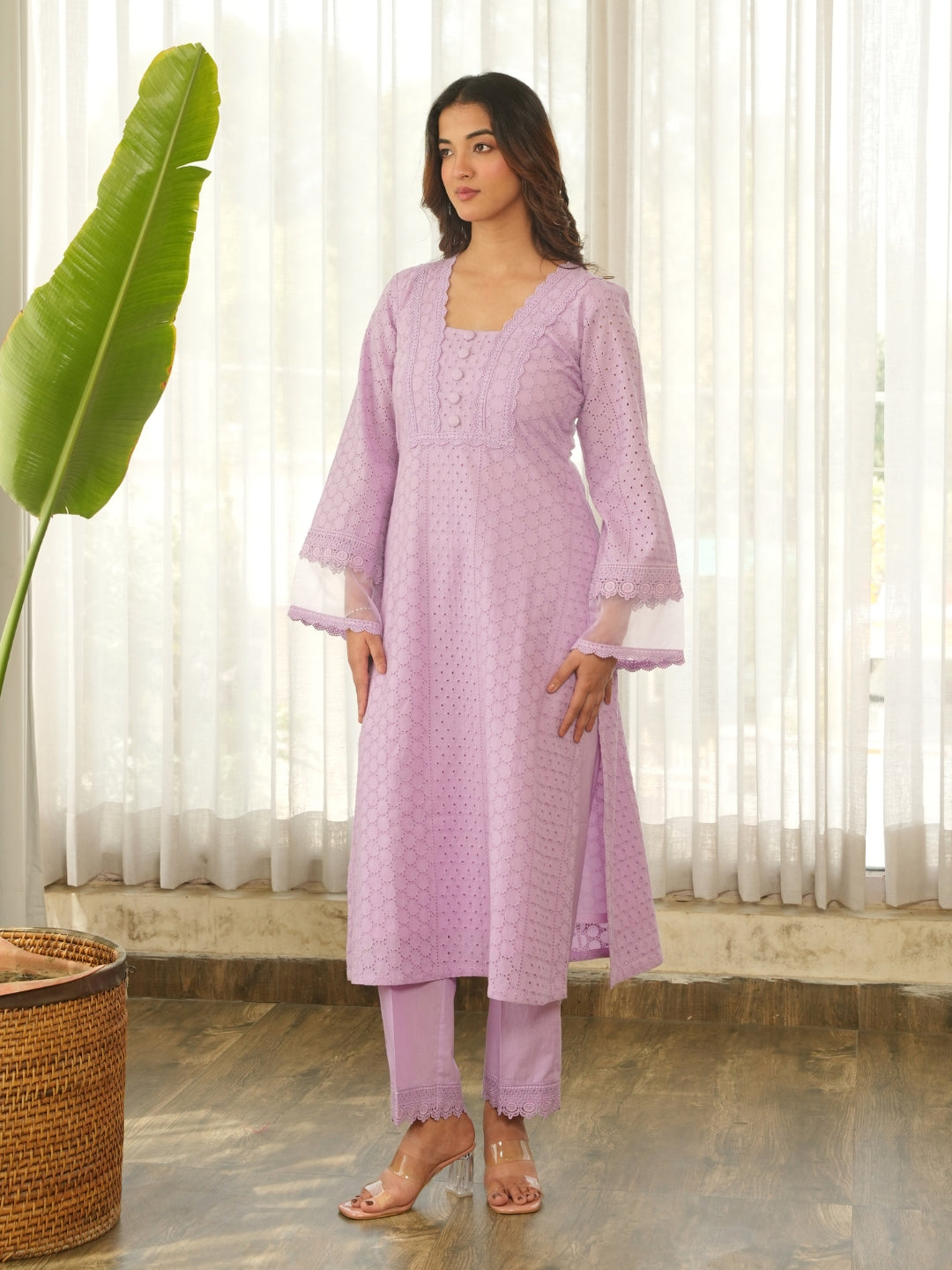 Lavender Schiffli Cotton Kurta Set with Pants & Organza Dupatta