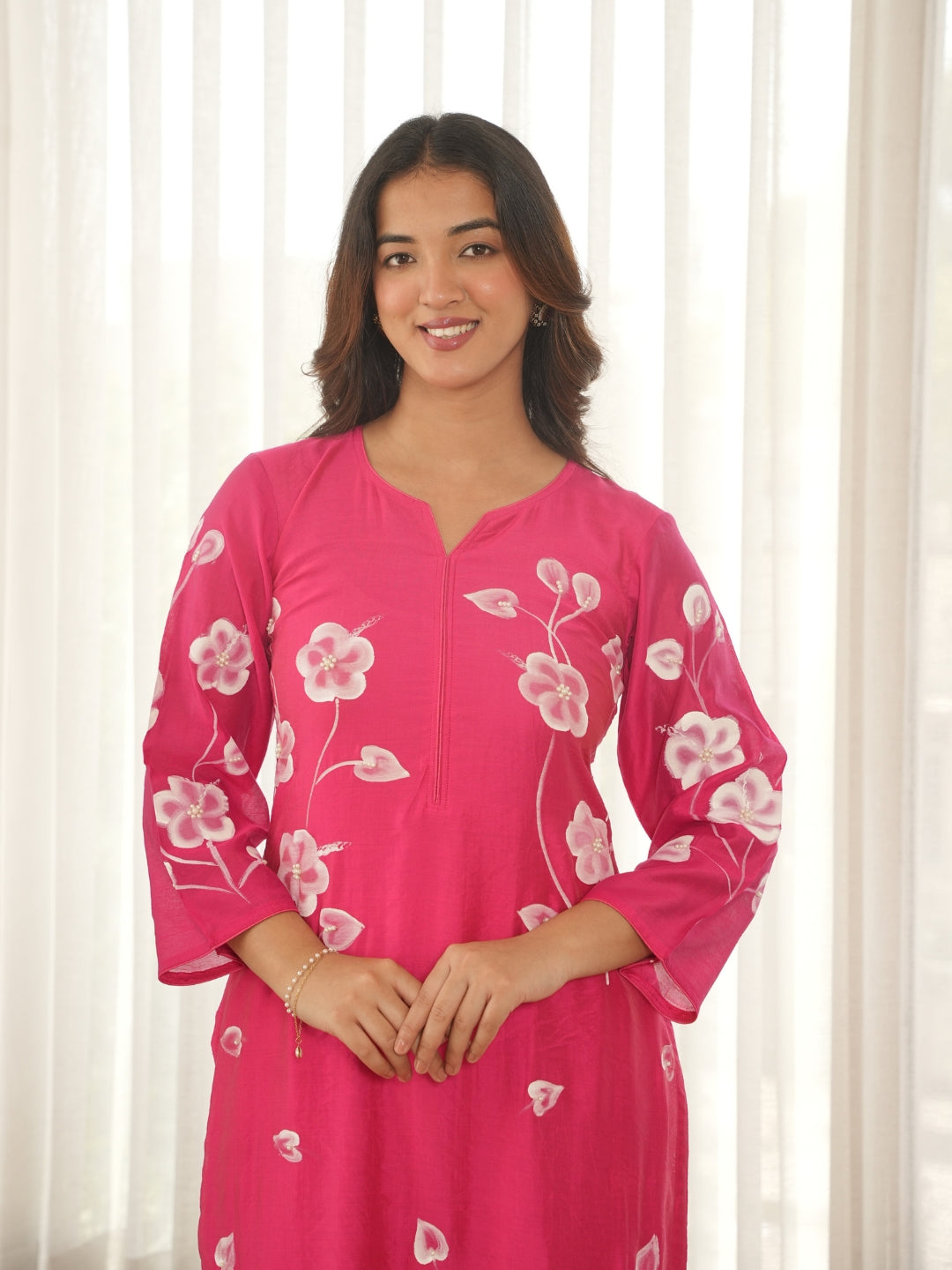 Ruby Bloom Hand-Painted Chanderi Kurta Set with Pearl Work