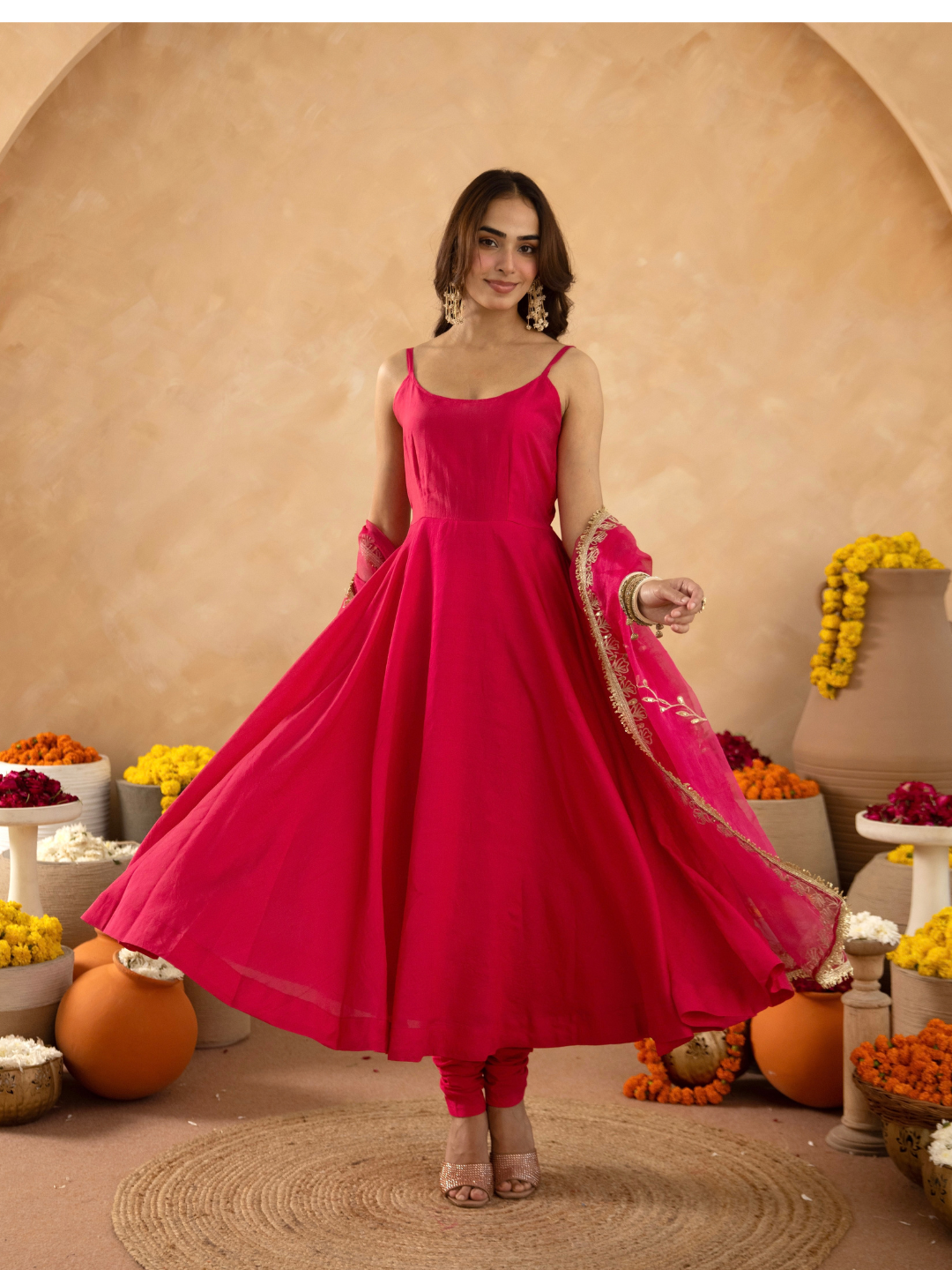 Fuchsia Chanderi Anarkali with Aari Work & Sequin Embellished  Dupatta