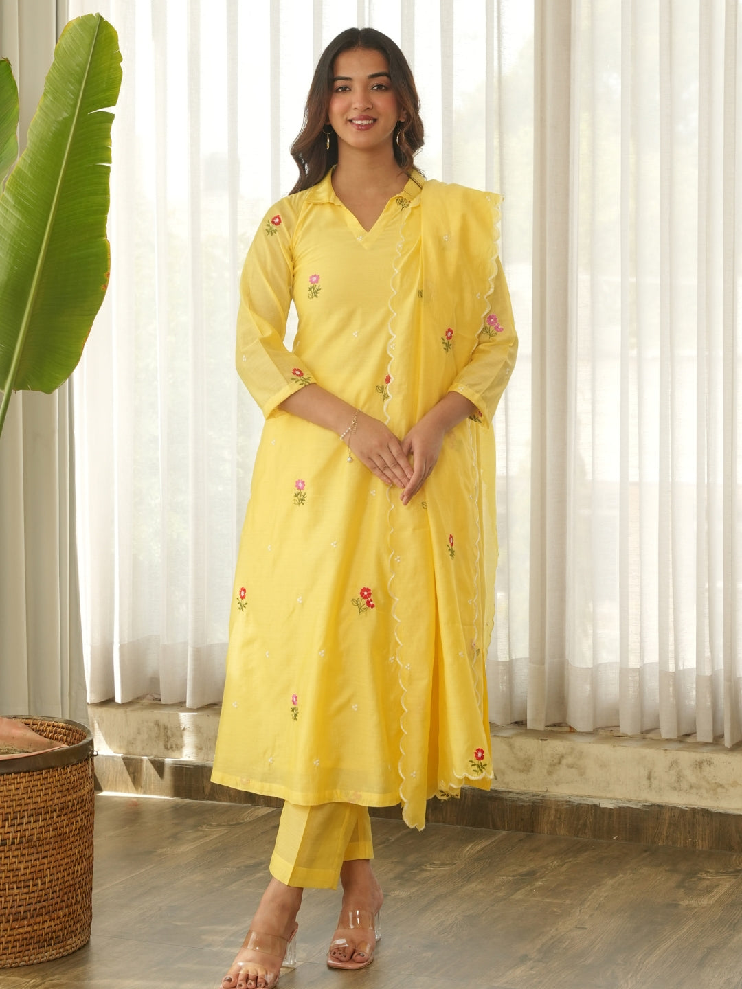 Lemon Yellow Embroidered Chanderi Kurta Set with Pants & Dupatta