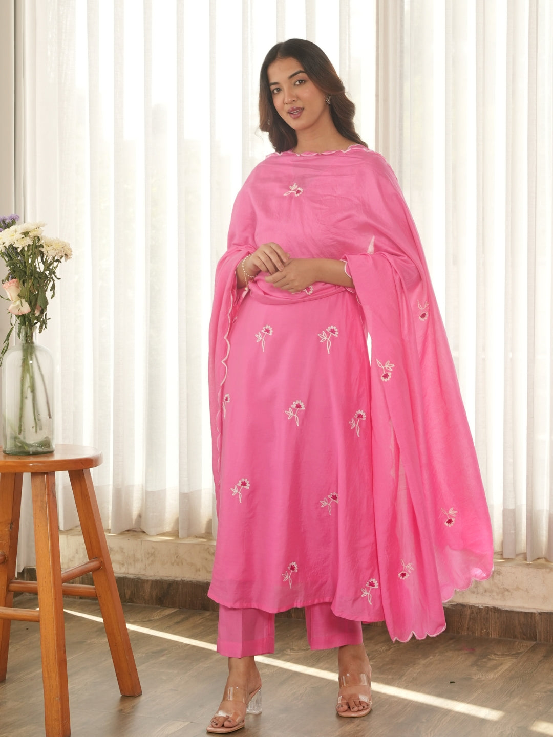 Pink Noor Aari Embroidered Chanderi Suit Set