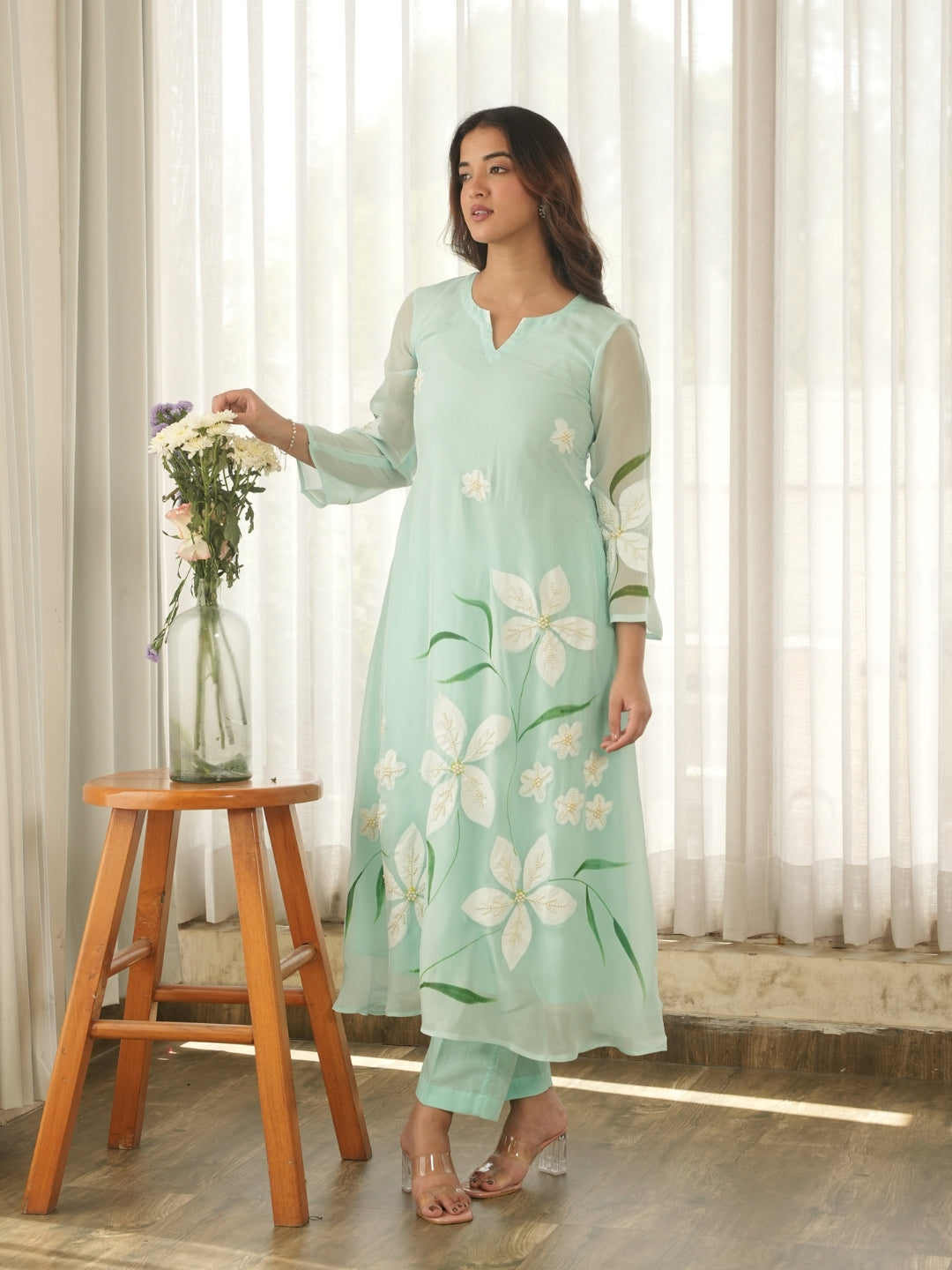 Pastel Mint Hand Paint Soft Organza Suit Set
